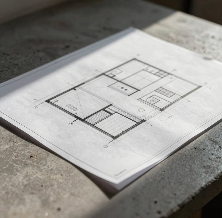 Macro shot of architectural blueprints resting on a concrete table, high-contrast natural light casting geometric shadows across structural lines