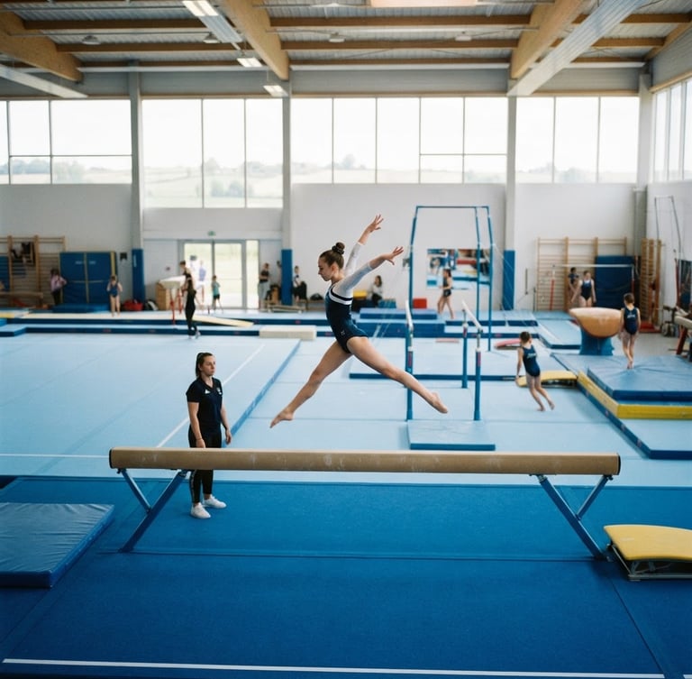 Bright athletic photography of a modern gymnastics hall in Erstein, natural daylight streaming through high windows, blue floor mats, parallel bars, and balance beams, clean composition, 35mm