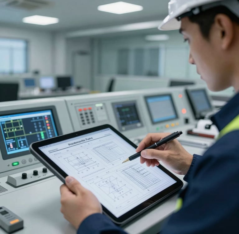 Close-up of a certified safety engineer analyzing technical schematics on a tablet inside a modern control room, cool crisp daylight, technical details