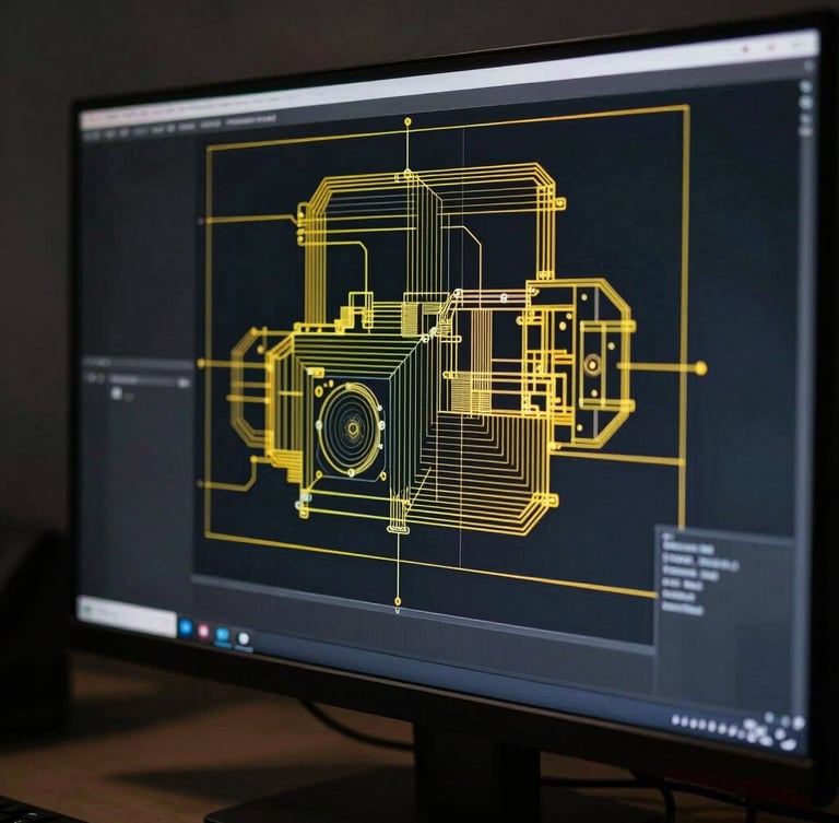 Extreme close-up of clean system architecture wireframe diagram displayed on a high-end monitor in a dark studio, sharp yellow highlight lines, minimalist technical aesthetic.