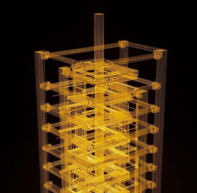 Abstract technical wireframe of system architecture, sharp yellow lines on pitch black background, architectural precision.