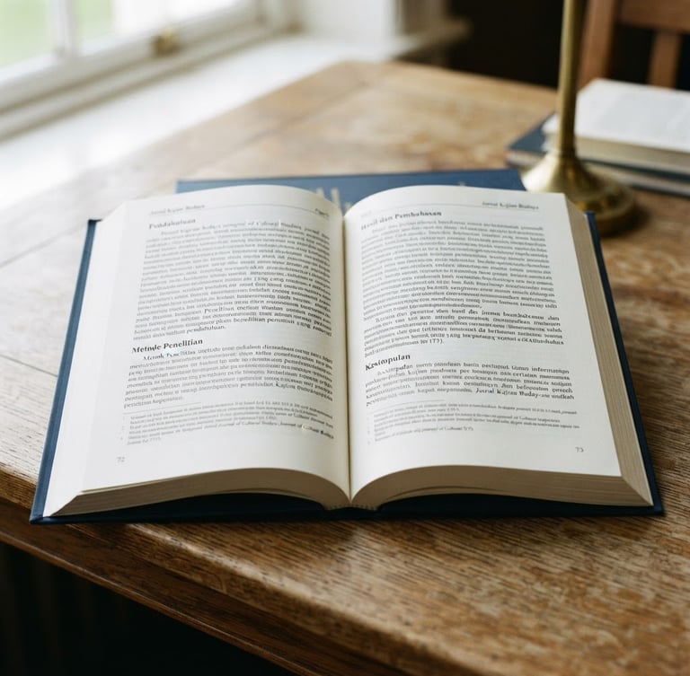 Close-up of a high-quality academic journal open on a wooden desk, bright natural library daylight, sharp focus on printed Indonesian text, deep navy tones, 35mm