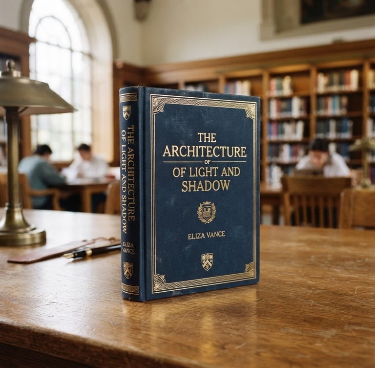 Editorial close-up of a high-quality academic book with deep navy cover and gold foil lettering, resting on a clean wooden desk in a bright university library, soft window light, professional 35mm photography