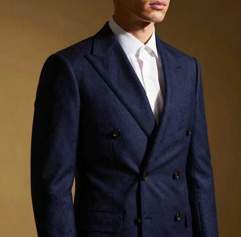 Studio fashion portrait of a man in a sharp navy blue double-breasted suit, crisp white shirt, dramatic side lighting highlighting the fine wool texture, high-contrast luxury editorial style.