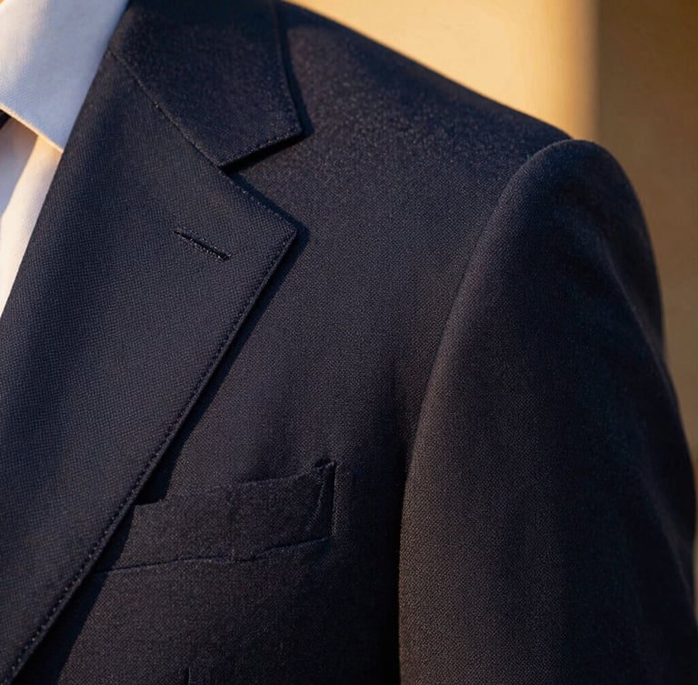 Macro close-up of a sharp navy suit shoulder, golden-hour side lighting highlighting the fine fabric weave and hand-stitched lapel, luxurious editorial fashion photography