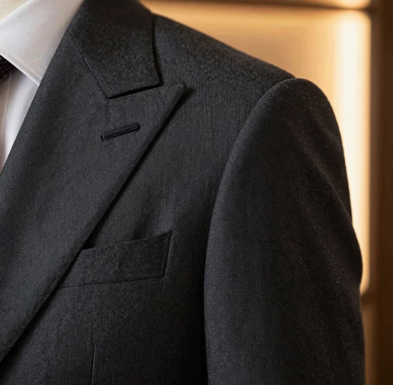 Close-up of a meticulously tailored charcoal grey suit shoulder and lapel, showcasing the intricate fabric weave, soft shoulder pad structure, warm side window light.