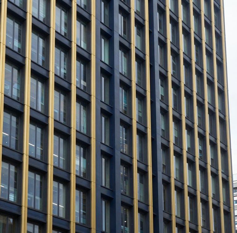 Sharp architectural photography of a modern corporate building steel frame structure under bright daylight, crisp focus, 35mm