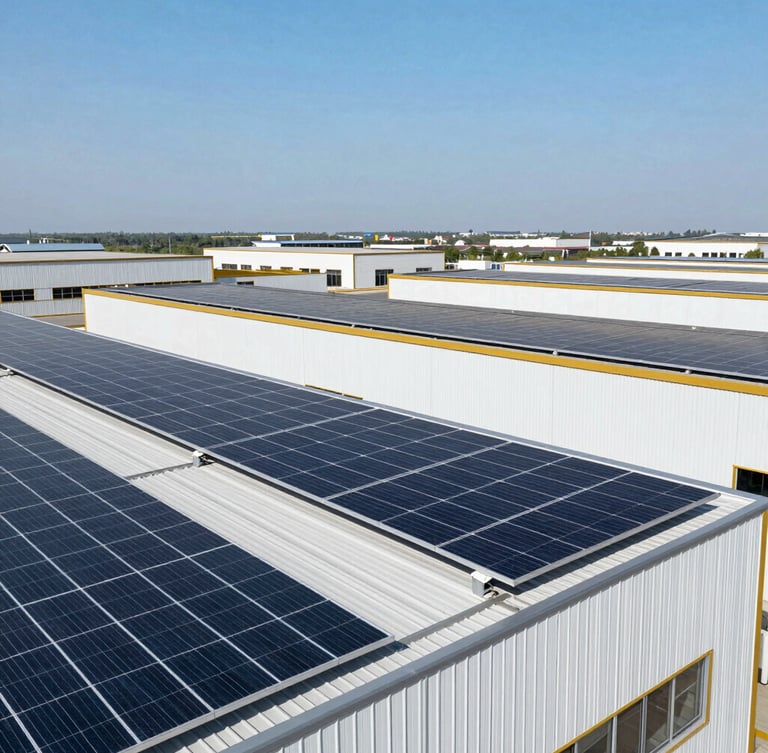 Wide shot of a modern logistics warehouse with rooftop solar panels, bright daylight, clean architectural lines