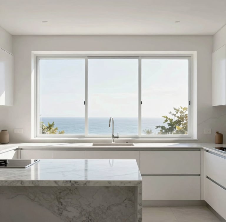 Bright architectural interior photography, crisp natural daylight on a clean minimalist kitchen with polished marble countertops and streak-free glass windows, 35mm