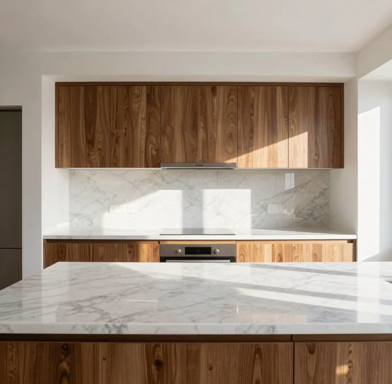 Straight-on architectural shot of a bright, sunlit modern kitchen with streak-free marble countertops and polished walnut cabinetry, natural high-key daylight, 35mm