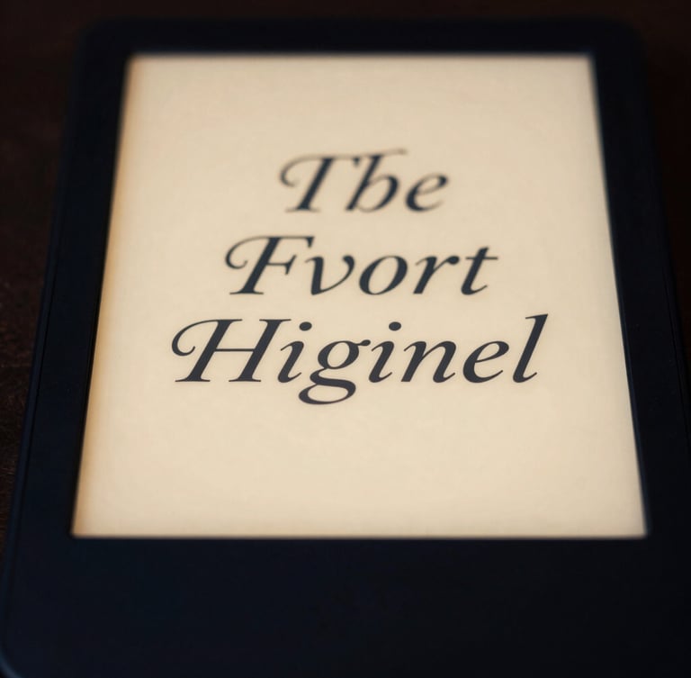 Macro shot of a modern e-reader displaying elegant serif typography, soft golden backlighting, deep navy and gold tones, 35mm
