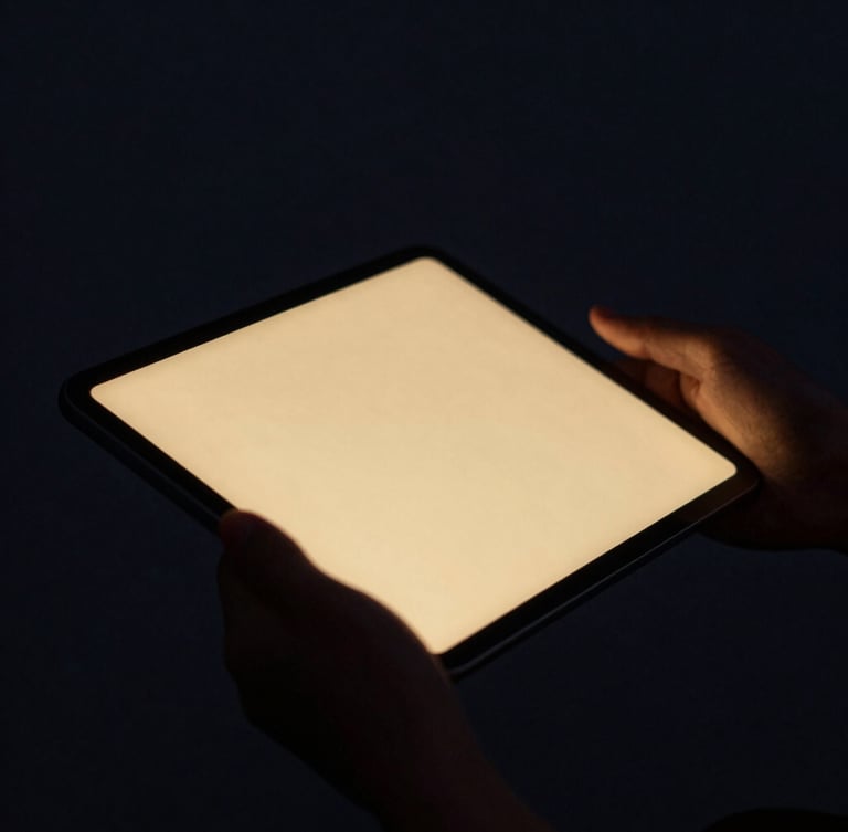Close-up of hands holding a tablet in soft atmospheric lighting, glowing gold highlights on the screen, deep charcoal background, 35mm