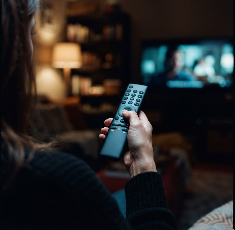 Close-up over-the-shoulder shot of a hand holding a sleek black remote control, soft blue ambient television glow illuminating the buttons, warm domestic interior background, 35mm photography