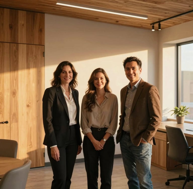 A candid, professional portrait of real estate agents in Sandy, Utah, standing in a bright modern office with warm wooden accents and natural golden-hour light streaming in, 35mm