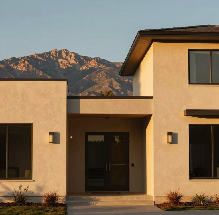 Warm golden-hour exterior of a modern Utah home with clean architectural lines, Wasatch range in the far background, soft natural light, 35mm