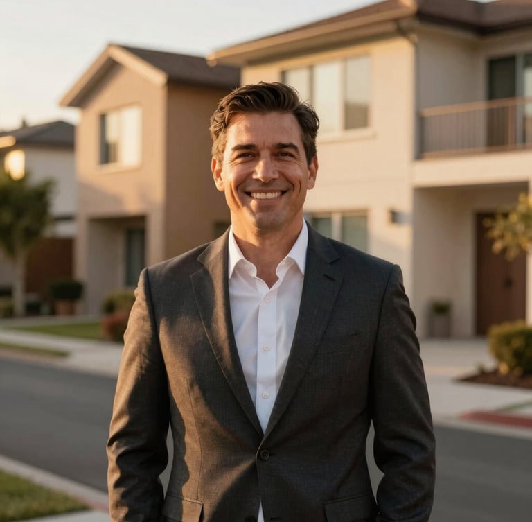 A professional portrait of a real estate advisor in natural golden-hour light, smiling warmly, with a soft-focus modern Sandy residential street in the background.