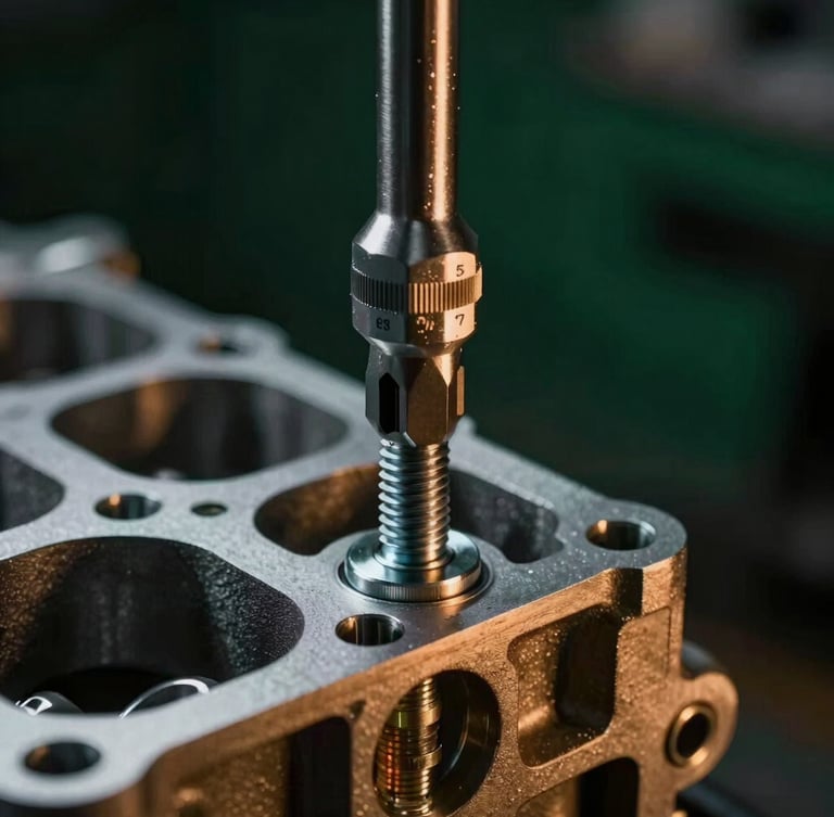 Macro shot of a high-end calibrated torque wrench tightening a clean steel bolt on a modern engine block, moody lighting with warm amber highlights, deep forest green background shadows, 35mm lens.