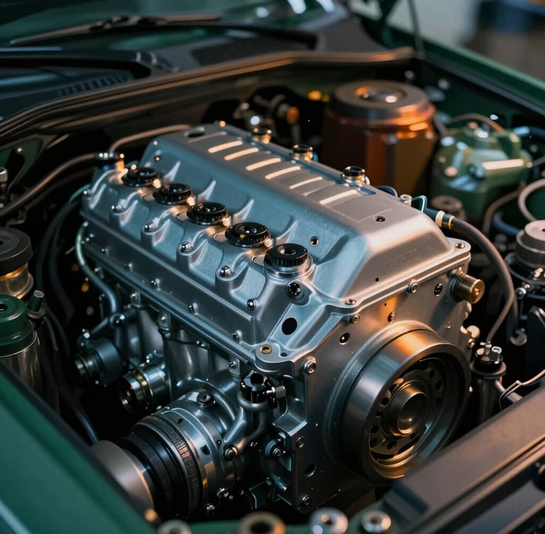 Macro shot of a pristine, high-performance engine bay, cool steel-blue metallic surfaces contrasted with warm amber light filtering from the side, clean mechanical components, shallow depth of field, 35mm lens.