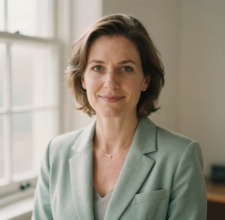 Warm professional portrait of psychologist Michele Soero, looking friendly and approachable, wearing a soft sage green blazer, natural morning window light, shallow depth of field, 35mm film aesthetic
