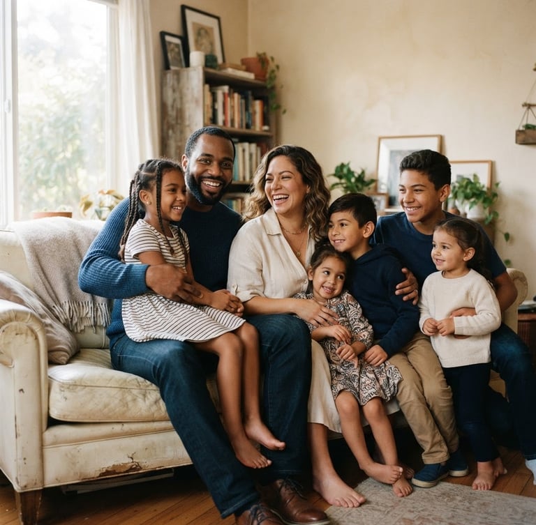 Candid portrait of Anthony and Crystal Obey, a warm, diverse couple, smiling with their five children in a home setting, natural window light, soft cream and deep blue tones, candid, 35mm