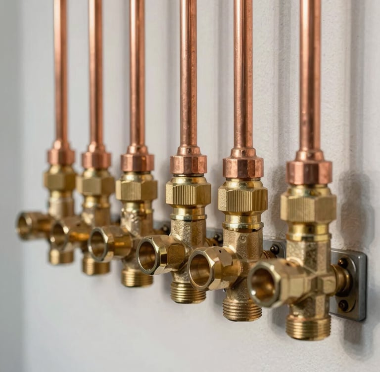 Close-up of perfectly aligned copper pipework and brass fittings installed against a clean utility wall under bright daylight.