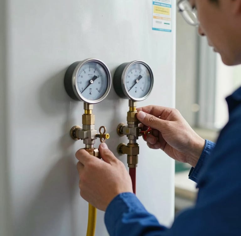 Close-up of a professional gas engineer verifying pressure gauges on a newly installed boiler, bright natural daylight, clean workspace