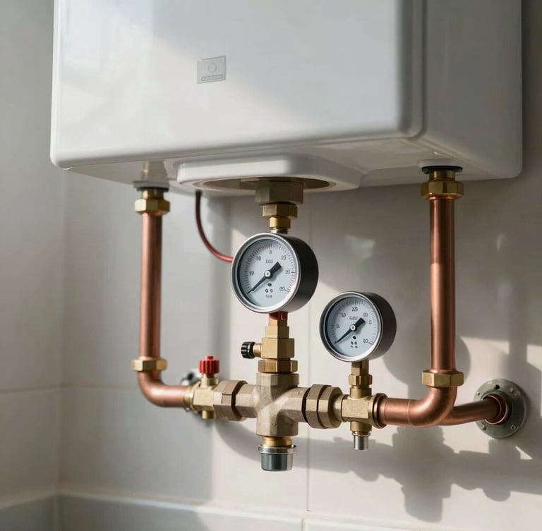 A modern domestic boiler installation with clean, parallel copper piping, bright natural daylight, tight focus on the pressure gauge and a visible Gas Safe registration sticker.