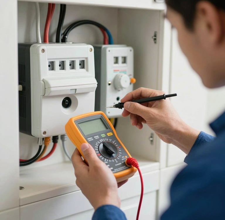 Close-up of a professional electrician testing a modern domestic consumer unit with a digital multimeter, bright natural daylight, clean work.