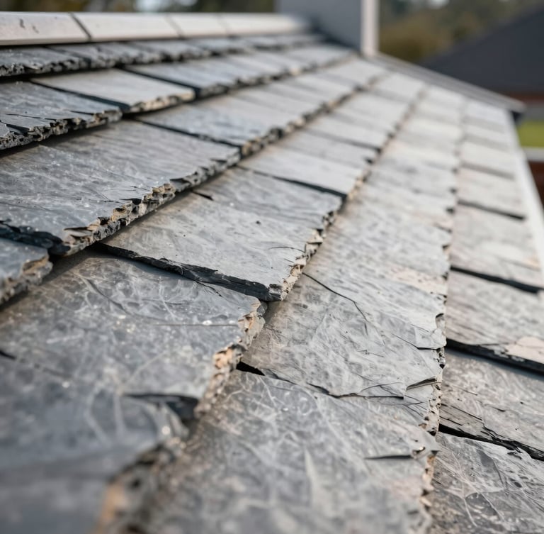 A close-up of clean, newly laid slate tiles on a residential roof, showing neat craftsmanship and straight rooflines under bright daylight