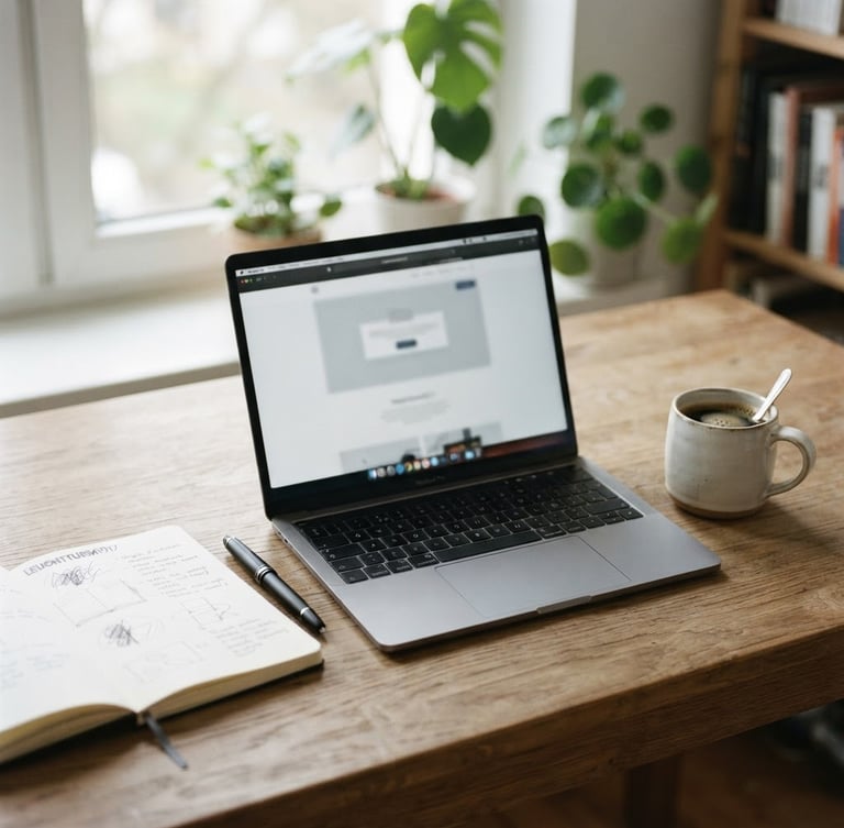 Espaço de trabalho limpo e focado, com notebook aberto, caderno, caneta e um copo de café, em luz natural suave, composição organizada, estilo editorial.