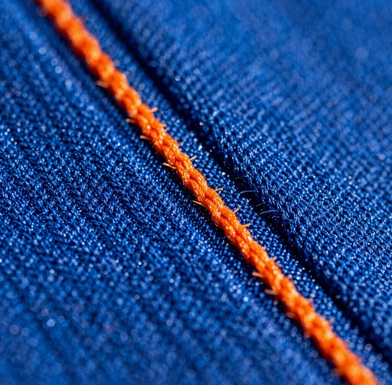 Macro extreme close-up of technical fabric stitching, high-contrast direct sunlight showing the fine knit texture and bright orange accent thread, sharp shadows.