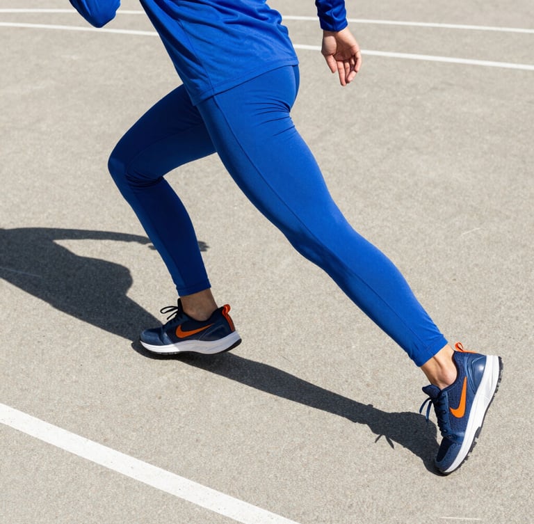 Low-angle dynamic shot of an athlete in motion on a sun-drenched concrete court, sharp shadows, wearing vibrant cobalt blue athletic apparel, 35mm lens.