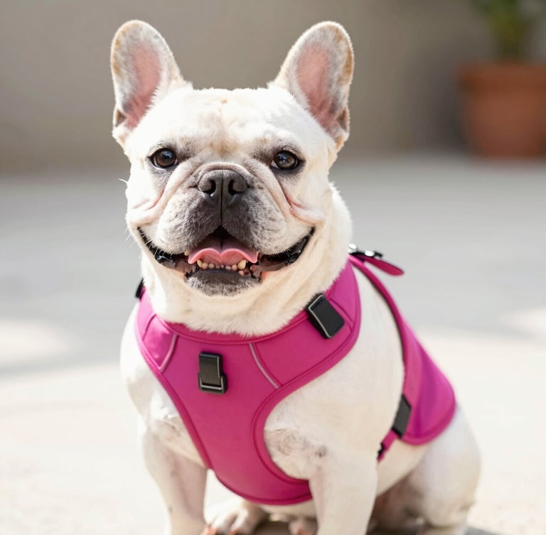 Bright high-key pet photography of a happy French Bulldog wearing a custom ergonomic magenta fabric harness cover, sitting in warm natural daylight, shallow depth of field