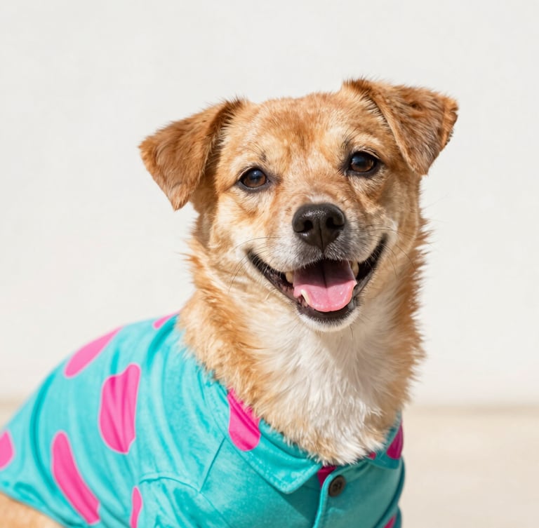 Close-up of a happy small dog wearing a vibrant teal and magenta patterned shirt, bright natural daylight, high-key pet photography