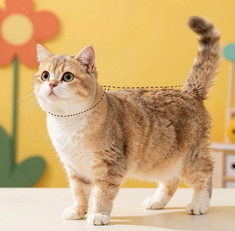 Studio diagram of a cute short-haired cat standing sideways, marked with soft dashed lines showing where to measure neck, chest, and back length, bright playful background