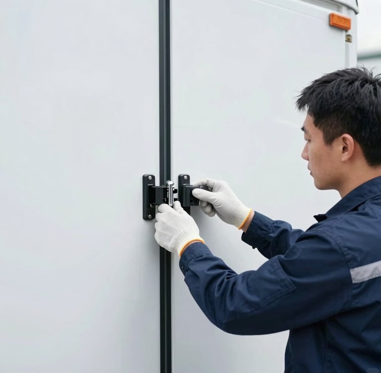 Professional logistics technician in a clean uniform, wearing gloves, carefully securing a climate-controlled transport bay door with a high-security lock mechanism, cool daylight, sharp focus.