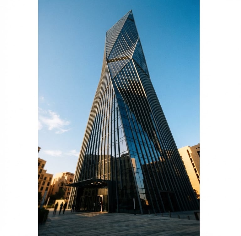 Low-angle heroic architectural shot of a modern glass and steel skyscraper facade in Abu Dhabi, sharp desert morning light casting long dramatic shadows, deep obsidian and warm sand tones, 35mm lens
