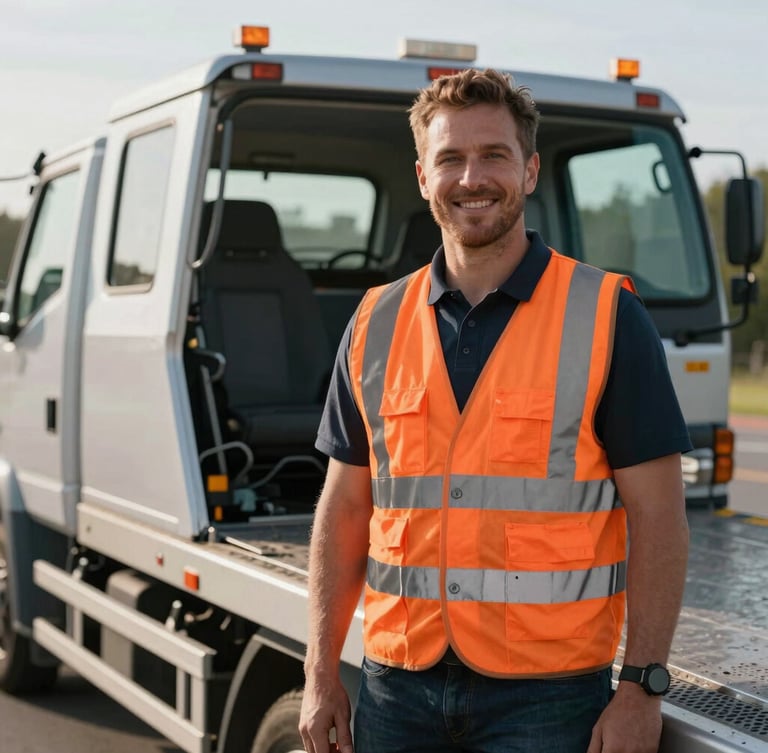 Medium shot of a professional tow truck driver in a high-visibility safety orange vest, smiling confidently next to a modern flatbed, warm daylight, 35mm
