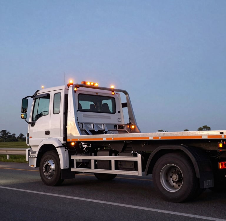 Dynamic wide angle shot of a clean modern flatbed tow truck with safety orange beacons glowing at twilight on a Brazilian highway, crisp 35mm editorial photography