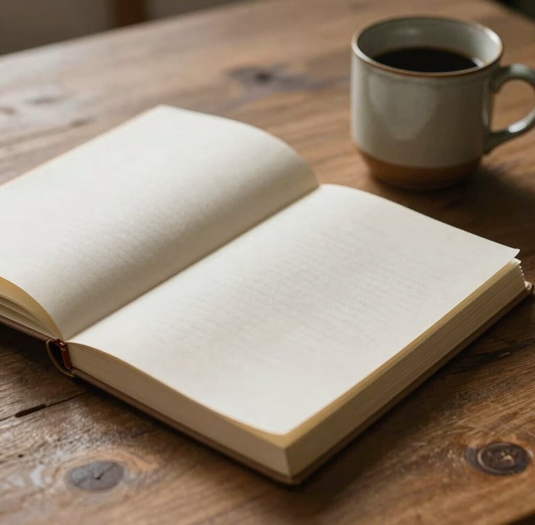 Soft diffused morning light falling on an open linen notebook resting on a textured wooden table beside a ceramic mug, warm earthy tones.