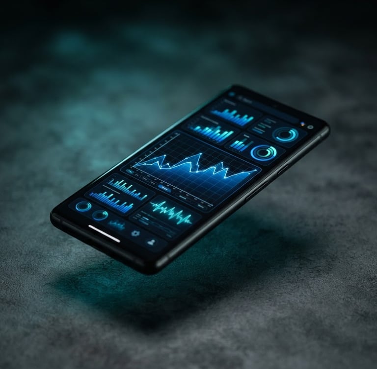 High-fidelity Android phone mockup displaying a dark mode productivity interface with vibrant electric blue charts, floating over a deep charcoal surface with subtle teal ambient shadows, macro depth of field, 35mm