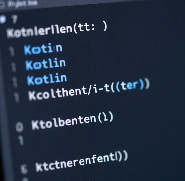 Extreme macro close-up of clean Kotlin code on a high-resolution screen, cool-toned studio light with electric blue ambient glow, shallow depth of field.