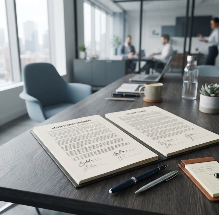 Professional corporate photography of a modern office desk with signed B2B contracts, soft natural lighting, muted blue and slate gray tones, clean 35mm composition