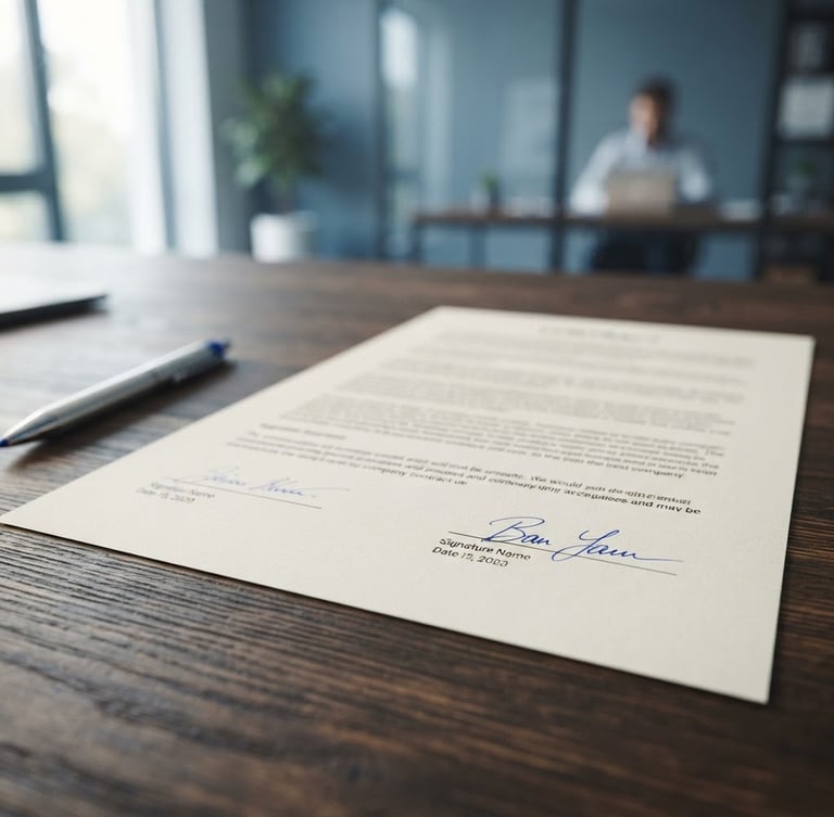 Close-up of a signed business contract on a dark wooden desk, soft natural office lighting, muted blue tones, professional corporate photography, 35mm