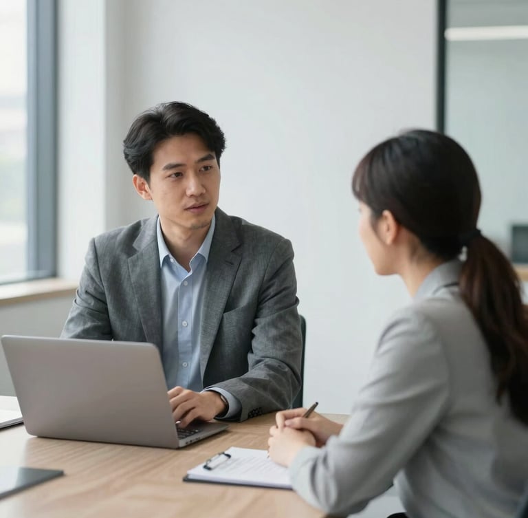 A professional B2B consultation in a bright modern office, professional corporate photography, soft natural lighting, muted slate gray tones, 35mm