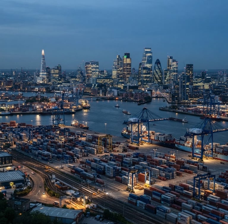 Wide view of a modern shipping port and high-tech corporate skyline at twilight, cool blue and slate tones, professional editorial style