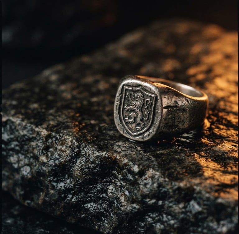 Extreme macro shot of a heavy-gauge textured silver signet ring resting on a rough-hewn wet granite slab, dark chiaroscuro lighting, single-source warm amber glow from the right, 35mm film grain