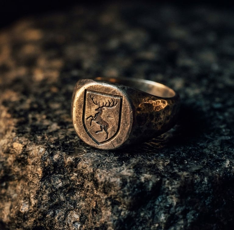 Macro shot of a heavy textured silver signet ring resting on raw dark granite, deep shadows, single source golden hearth light, 35mm film grain