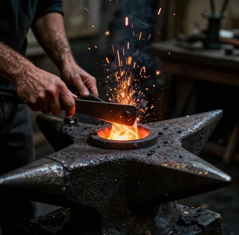 Close-up of weathered hands operating a blacksmith forge, glowing amber coals, sparks rising in a dark stone workshop, high-contrast chiaroscuro