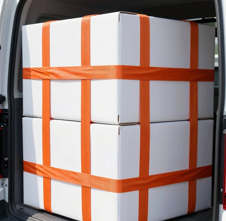 Close-up of industrial orange straps tightly securing cargo boxes inside a clean van interior, bright morning daylight, sharp focus, 35mm